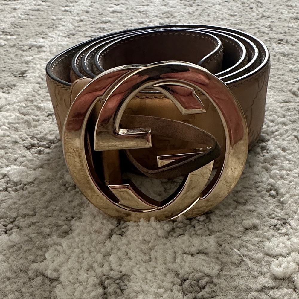Gucci Tan Leather Belt with Gold Logo Buckle
